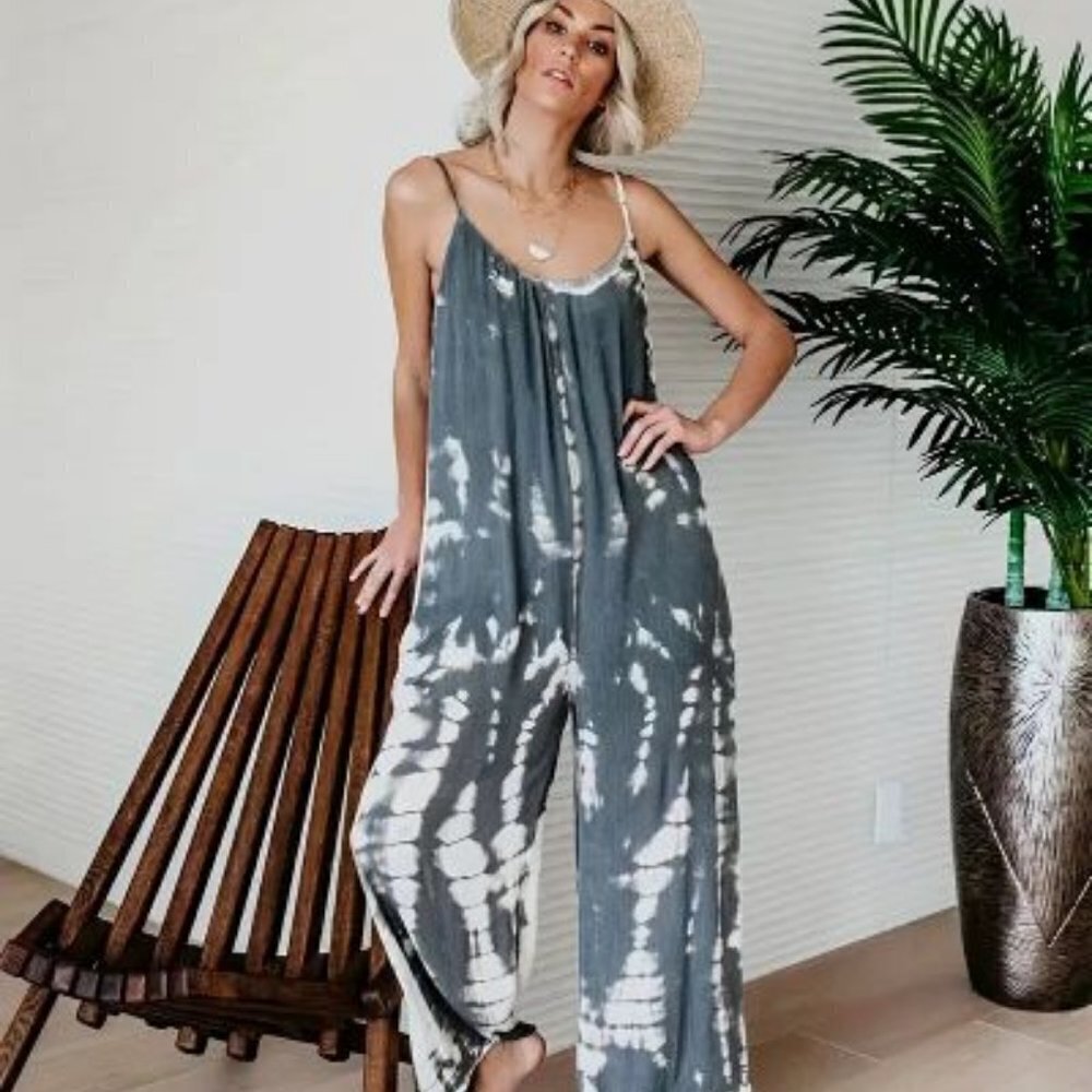 Plus Size Boho , Women's Plus Tie Dye V Neck Medium Stretch Jumpsuit